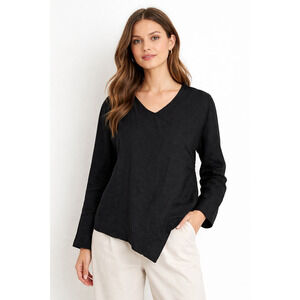 Bryn Walker Mia Faux Wrap Top Size XL Asymmetrical Hem Black Linen